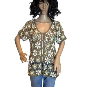 White Stag Vintage Y2K Crocheted Flowers Sweater Top Greens White Size Small EUC